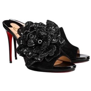 Christian Louboutin Black Sequin Flower Submuline Open Toe Heel Mule 39 US 9